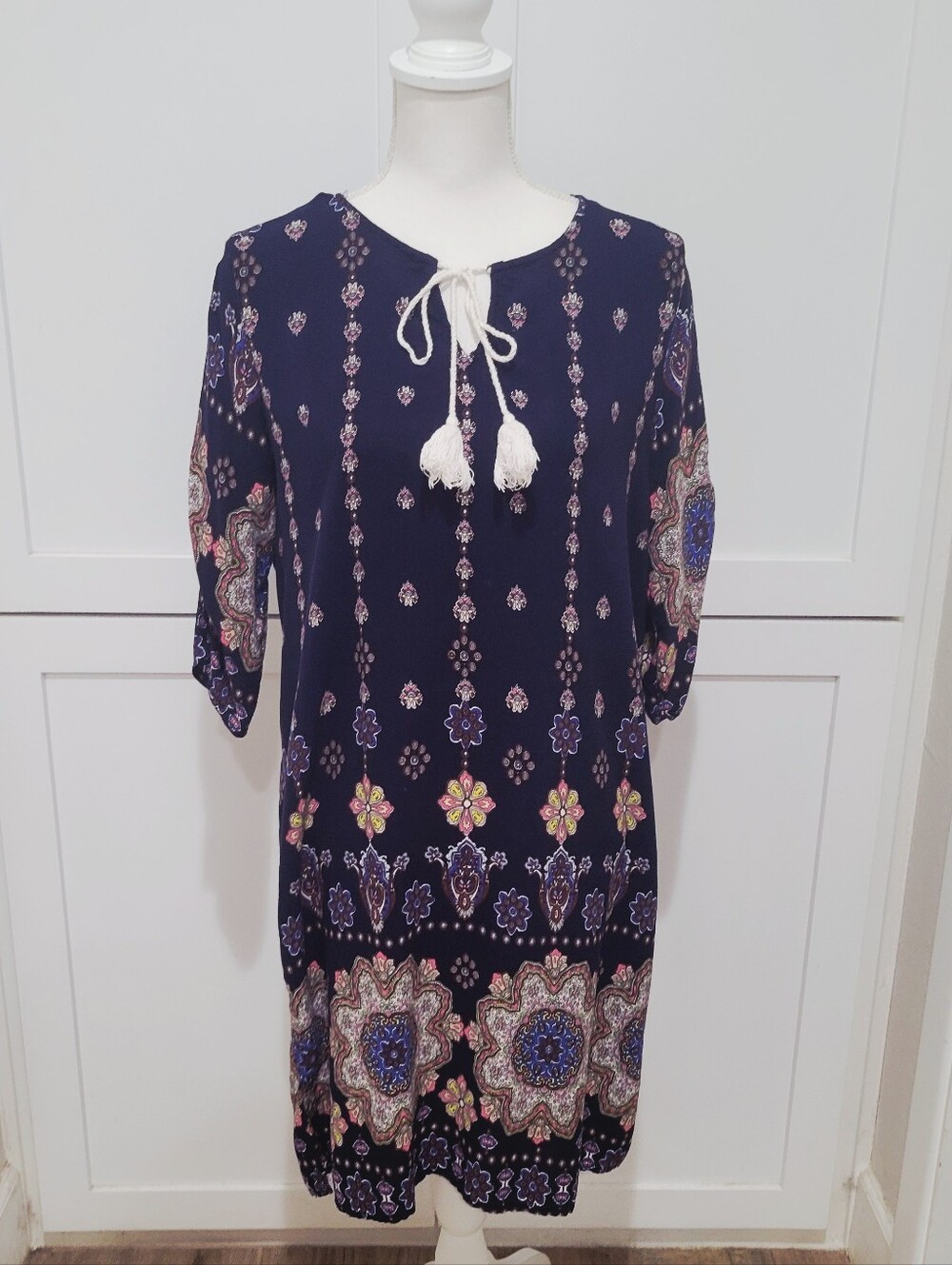 Halife Navy Boho Tassel Tunic Dress with Floral Border | Size XL